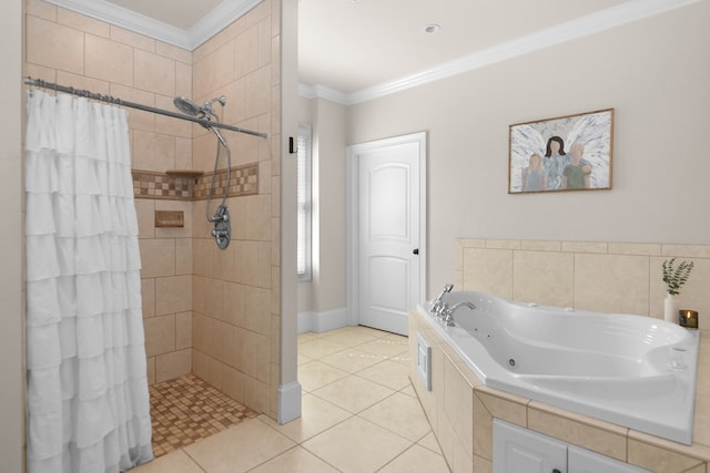 270 Milford Trl, Talking Rock, GA 30175 - bathroom with ornamental molding, a tile shower, a jetted tub, and tile patterned flooring