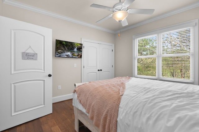 270 Milford Trl, Talking Rock, GA 30175 - bedroom with a closet, baseboards, a ceiling fan, dark wood-style floors, and crown molding