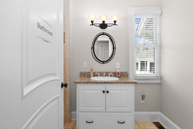 270 Milford Trl, Talking Rock, GA 30175 - bathroom featuring tile patterned flooring, vanity, visible vents, and baseboards