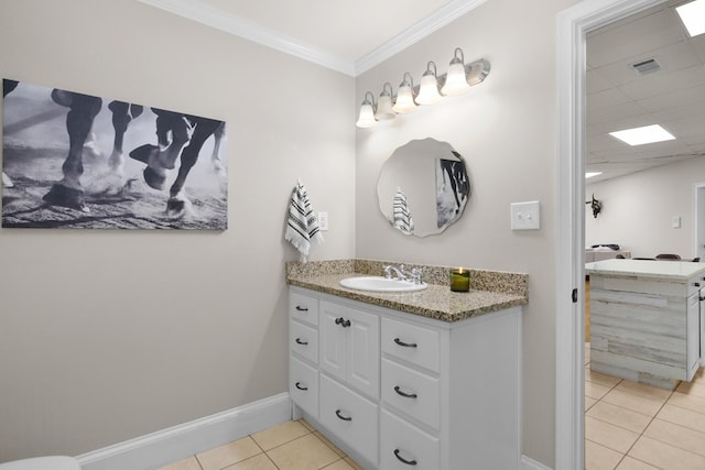 270 Milford Trl, Talking Rock, GA 30175 - bathroom featuring visible vents, baseboards, crown molding, vanity, and tile patterned flooring