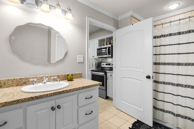 270 Milford Trl, Talking Rock, GA 30175 - bathroom featuring vanity, ornamental molding, tile patterned floors, a shower with curtain, and decorative backsplash