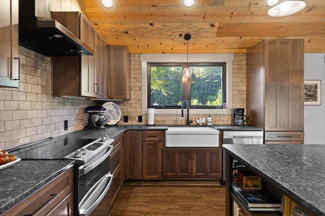 1667 S Old Federal Rd, Chatsworth, GA 30705 - kitchen featuring appliances with stainless steel finishes, wall chimney range hood, a sink, wooden ceiling, and dark wood-type flooring
