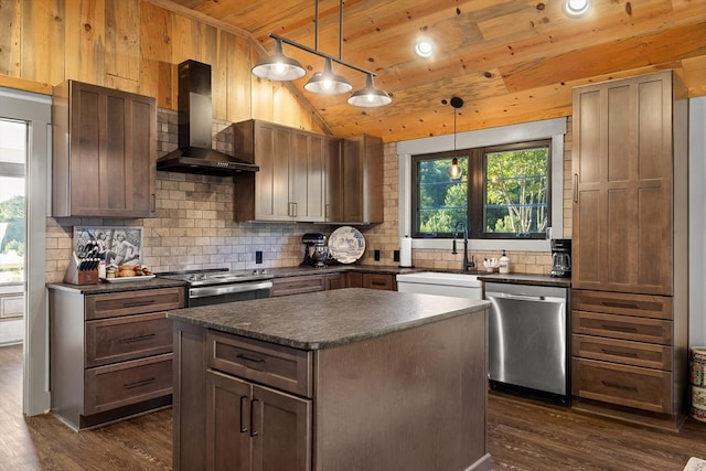 1667 S Old Federal Rd, Chatsworth, GA 30705 - kitchen featuring appliances with stainless steel finishes, wall chimney range hood, wood ceiling, lofted ceiling, and dark countertops