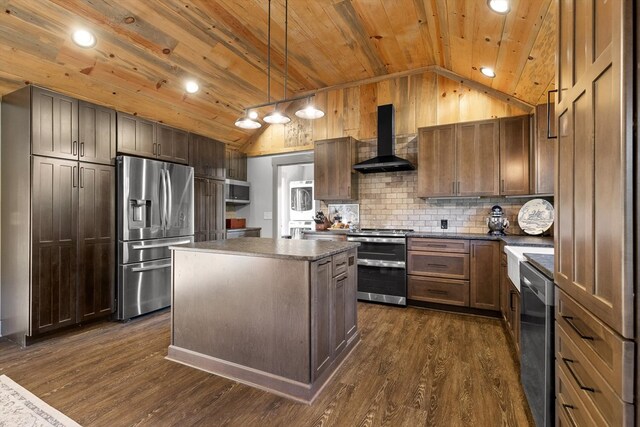 1667 S Old Federal Rd, Chatsworth, GA 30705 - kitchen with stainless steel appliances, wall chimney exhaust hood, vaulted ceiling, wooden ceiling, and decorative backsplash