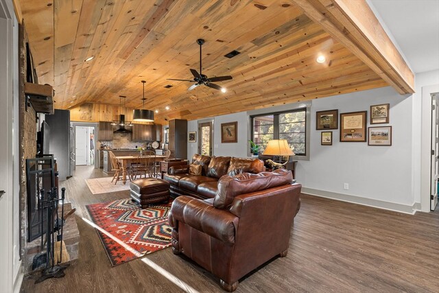 1667 S Old Federal Rd, Chatsworth, GA 30705 - living area with dark wood-style flooring, vaulted ceiling, a ceiling fan, wood ceiling, and baseboards