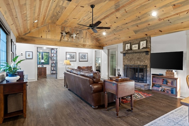 1667 S Old Federal Rd, Chatsworth, GA 30705 - living area with wood ceiling, dark wood-style floors, a ceiling fan, lofted ceiling, and a brick fireplace