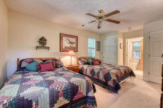 carpeted bedroom with ceiling fan, a textured ceiling, ensuite bathroom, and multiple windows