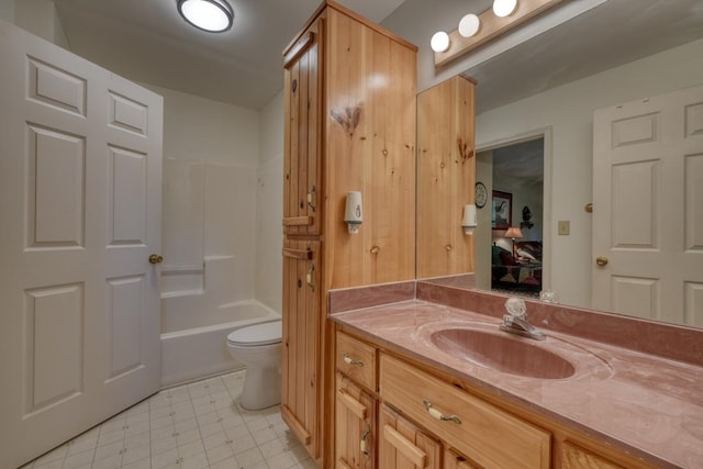 full bathroom featuring bathing tub / shower combination, toilet, tile patterned flooring, and vanity