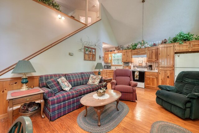 living room with light hardwood / wood-style floors and a towering ceiling