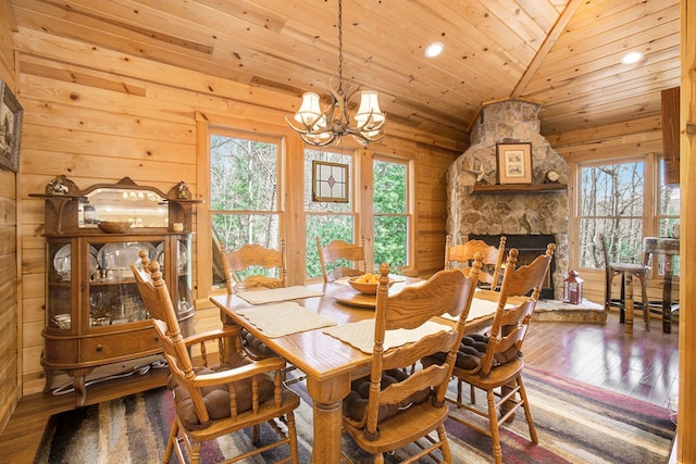 226 Shepherds Walk, Morganton, GA 30560 - dining area with wooden ceiling, a chandelier, a wealth of natural light, and hardwood / wood-style floors