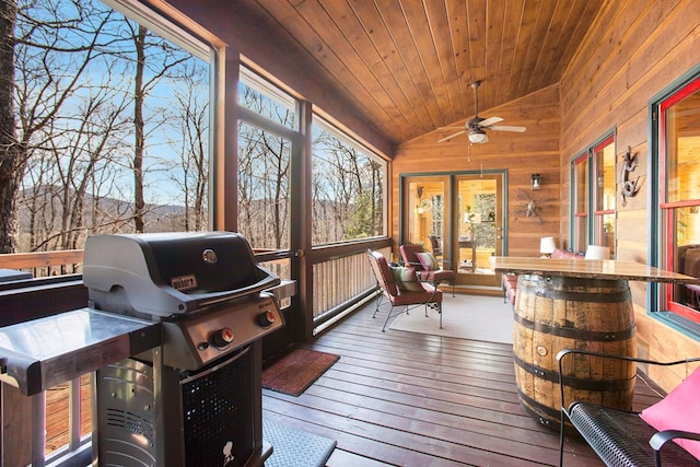 226 Shepherds Walk, Morganton, GA 30560 - sunroom with ceiling fan, wooden walls, lofted ceiling, and hardwood / wood-style floors