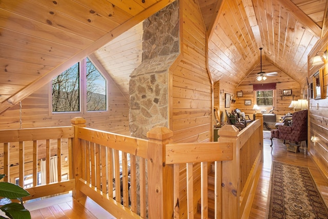 226 Shepherds Walk, Morganton, GA 30560 - hallway featuring wooden ceiling, lofted ceiling, wood walls, and wood-type flooring