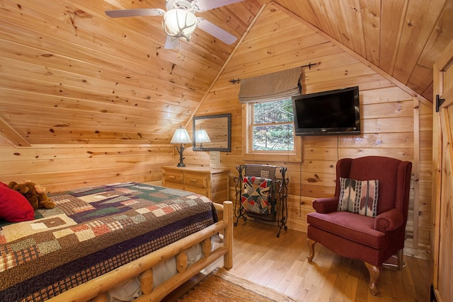 226 Shepherds Walk, Morganton, GA 30560 - bedroom with wooden walls, wood-type flooring, wood ceiling, and vaulted ceiling