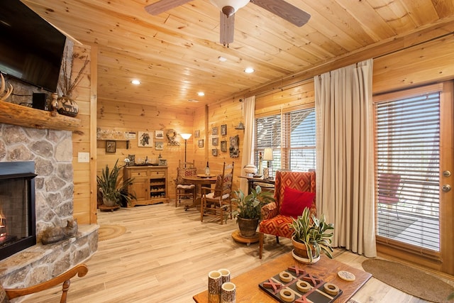 226 Shepherds Walk, Morganton, GA 30560 - living room featuring a fireplace, recessed lighting, wood ceiling, and wood finished floors
