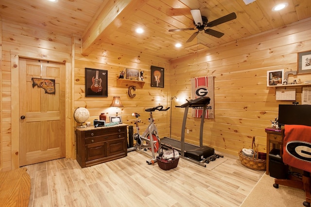 226 Shepherds Walk, Morganton, GA 30560 - exercise area with recessed lighting, ceiling fan, wood ceiling, and wood finished floors