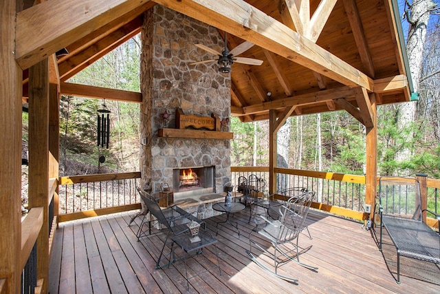 226 Shepherds Walk, Morganton, GA 30560 - wooden terrace with a gazebo, an outdoor stone fireplace, and ceiling fan