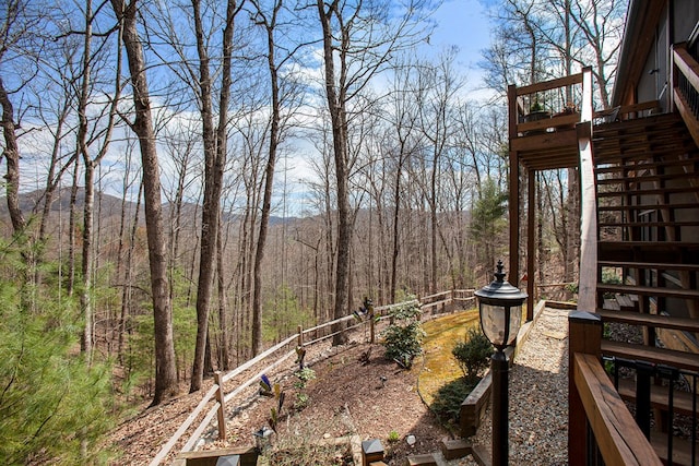 226 Shepherds Walk, Morganton, GA 30560 - view of yard featuring a deck, stairway, a forest view, and fence