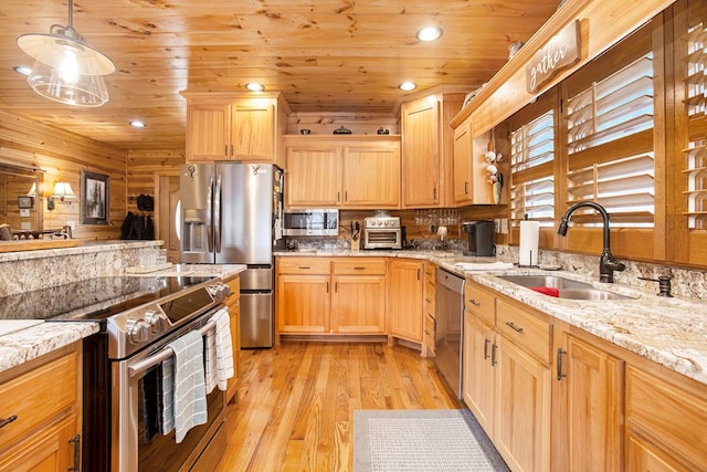 226 Shepherds Walk, Morganton, GA 30560 - kitchen with light wood-style flooring, a sink, stainless steel appliances, wooden ceiling, and recessed lighting
