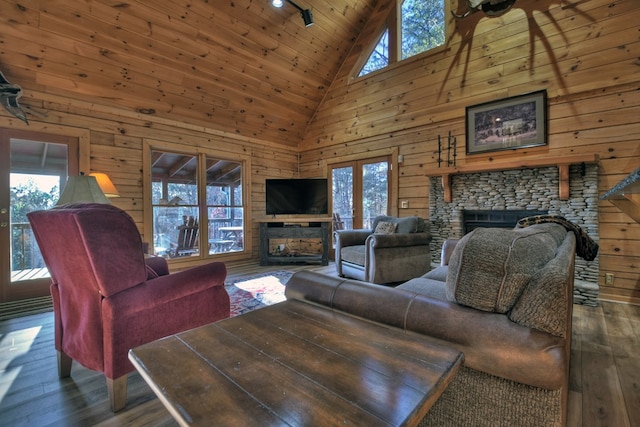 living room with a wealth of natural light, a stone fireplace, dark wood-type flooring, and high vaulted ceiling