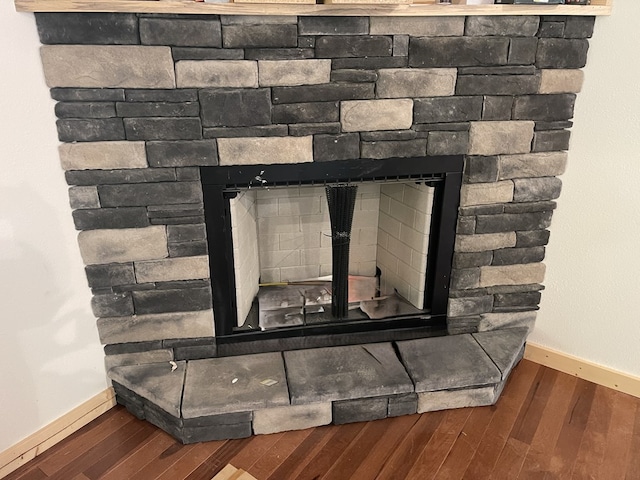 details featuring a stone fireplace and wood-type flooring