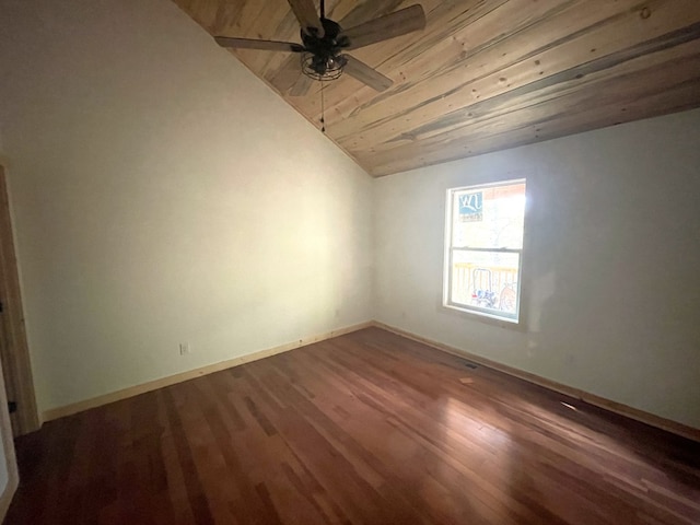 empty room featuring dark wood-type flooring, wood ceiling, vaulted ceiling, and ceiling fan