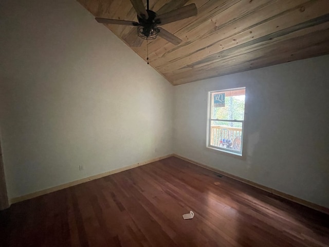 empty room with ceiling fan, lofted ceiling, wooden ceiling, and dark hardwood / wood-style floors