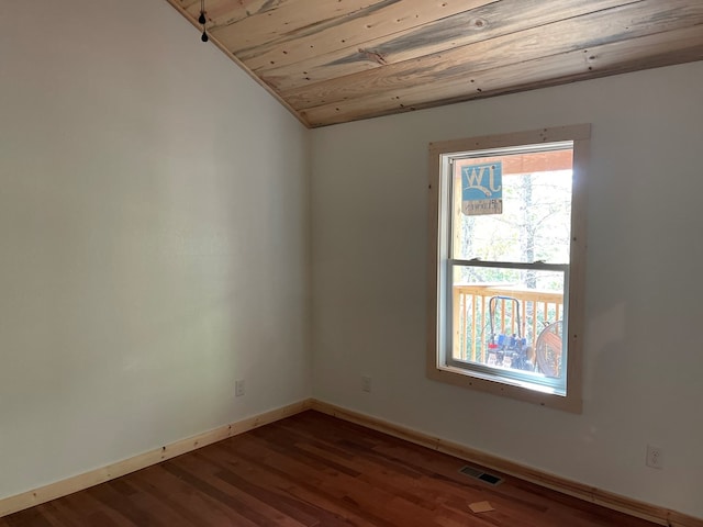 unfurnished room featuring lofted ceiling, wood-type flooring, and wooden ceiling