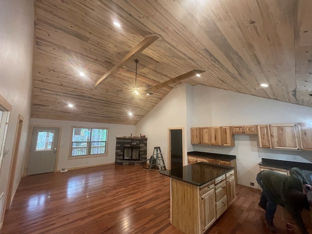 kitchen featuring high vaulted ceiling, dark hardwood / wood-style flooring, beam ceiling, and wooden ceiling