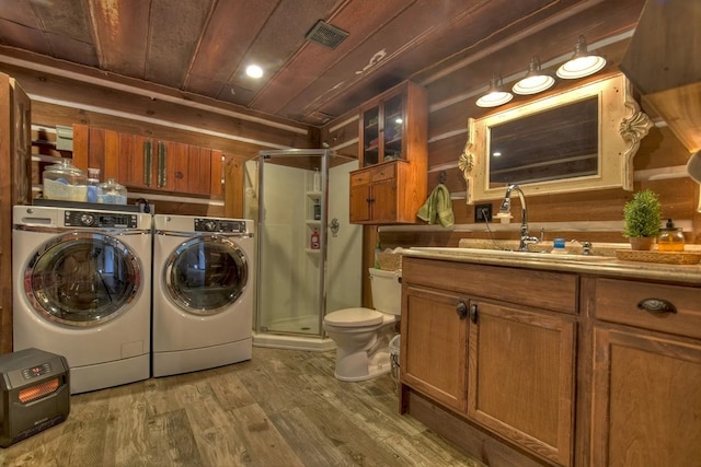 4011 Murphy Hwy, Mineral Bluff, GA 30559 - laundry area featuring independent washer and dryer, wooden ceiling, and wood finished floors