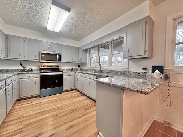 kitchen featuring light wood-style flooring, appliances with stainless steel finishes, a peninsula, and gray cabinets