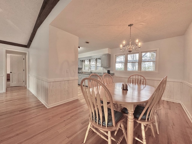 dining space with a textured ceiling, wainscoting, and light wood finished floors