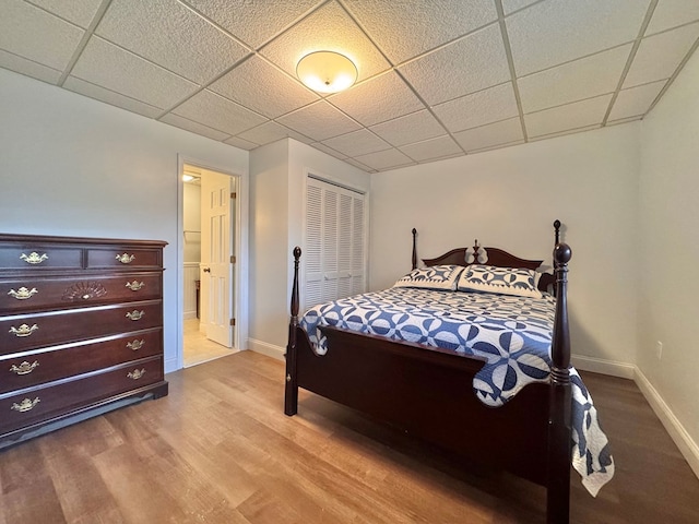 bedroom with wood finished floors, baseboards, and a drop ceiling