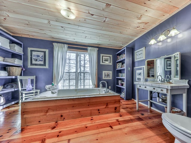 interior space featuring wooden ceiling, a sink, and hardwood / wood-style floors