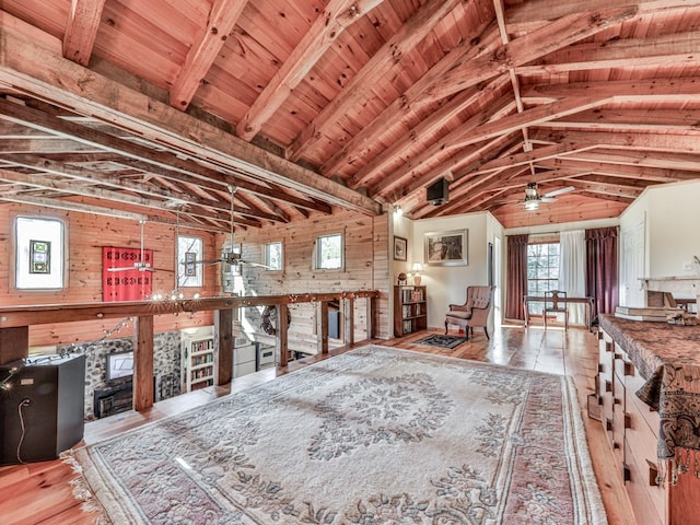 interior space with a ceiling fan, lofted ceiling, wooden ceiling, and wooden walls