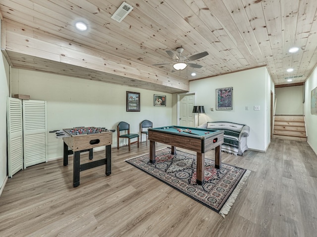 recreation room with billiards, light hardwood / wood-style flooring, ceiling fan, and wood ceiling