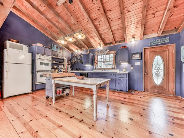 kitchen featuring light wood-type flooring, white appliances, wooden ceiling, beamed ceiling, and hanging light fixtures