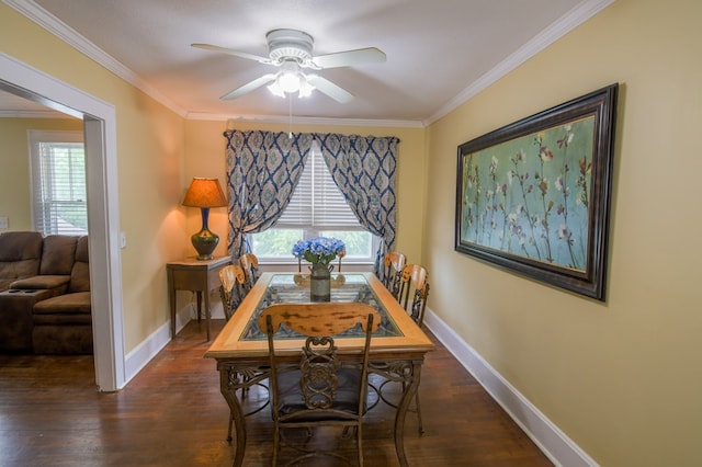 dining area with dark hardwood / wood-style floors, ceiling fan, and ornamental molding