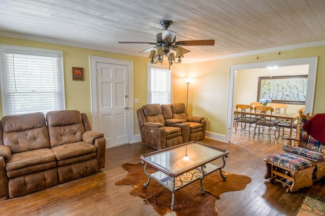 living room featuring ceiling fan, wood finished floors, wood ceiling, baseboards, and crown molding