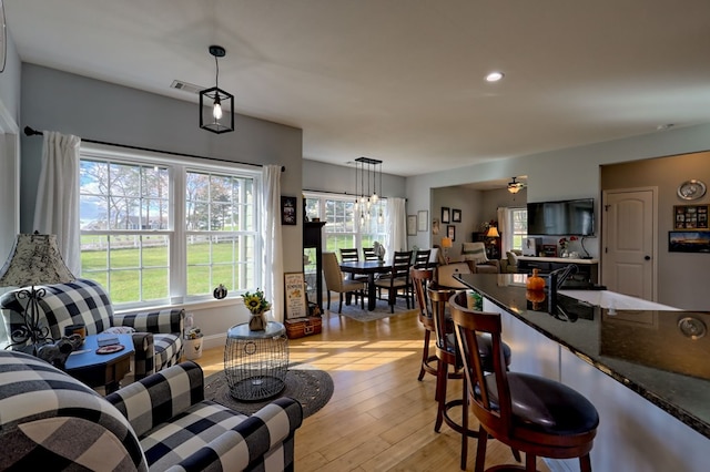 living room with light hardwood / wood-style flooring and ceiling fan