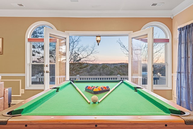 game room featuring ornamental molding and billiards