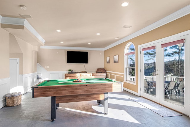 rec room featuring french doors, billiards, crown molding, and concrete floors