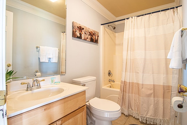 full bathroom featuring vanity, toilet, crown molding, tile patterned floors, and shower / bath combo with shower curtain