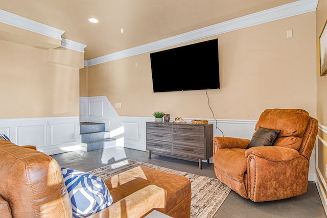 living room featuring concrete flooring and crown molding