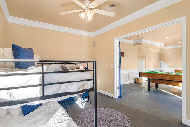 bedroom featuring concrete flooring, ornamental molding, and ceiling fan