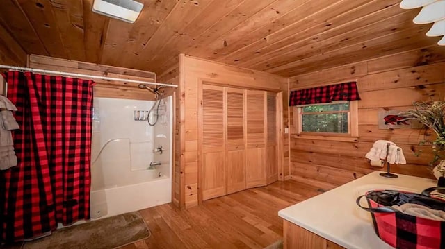 587 Lower Prince Mountain Rd, Cherry Log, GA 30522 - full bath with wood ceiling, wood finished floors, shower / tub combo with curtain, and wooden walls