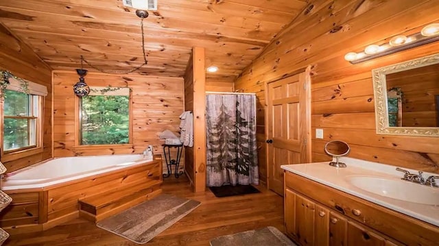 587 Lower Prince Mountain Rd, Cherry Log, GA 30522 - full bath featuring lofted ceiling, vanity, a bath, wood finished floors, and wood ceiling