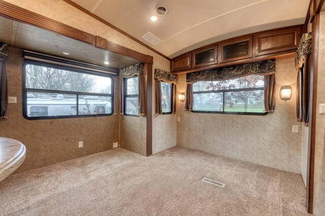 interior space featuring ornamental molding, plenty of natural light, and lofted ceiling