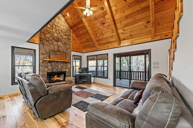 living room with high vaulted ceiling, wooden ceiling, light wood-type flooring, ceiling fan, and beam ceiling