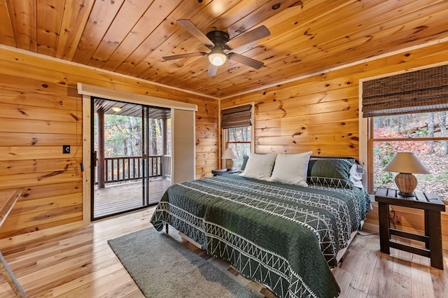 bedroom with wood-type flooring, access to outside, wooden ceiling, and wood walls