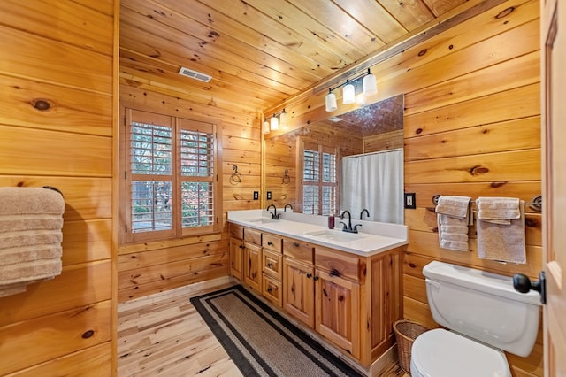 bathroom featuring toilet, wood ceiling, wood-type flooring, vanity, and wooden walls